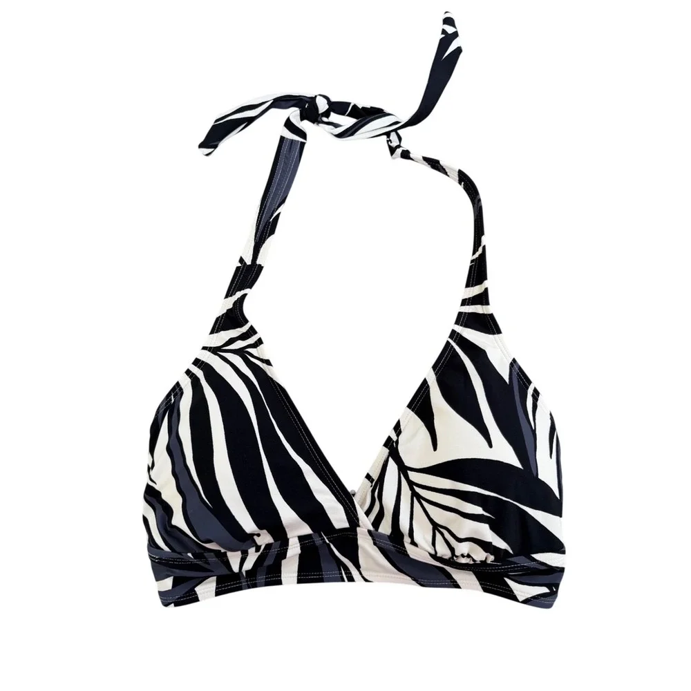 Anne Cole D Cup Halter Bikini Top Black White Palm Tropical Print Large‎ NEW